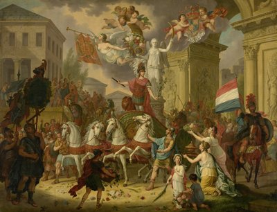 Allegori om triumftåget av prinsen av Orange, den blivande kungen Willem II, som hjälten från Waterloo, 1815 av Cornelis van Cuylenburgh (II) (signed by artist)
