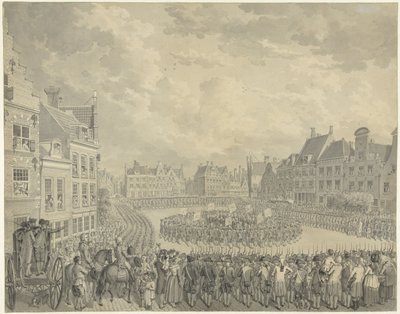 Svära in i kommissionärsstyrelsen av skytteofficerarna på Neude i Utrecht, 1786 av Cornelis van Cuylenburgh (II) (signed by artist)