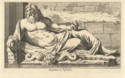 Staty av Neptunus vid fontänen på Capitolium i Rom Neptunus i Capitolio (titel på objekt) Eigenlyke-bilder av hundra av de mest kända statyerna eller antika statyerna som står i Rom (serietitel) av Cornelis van Dalen (I)