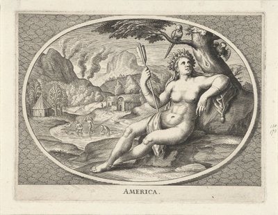 Kvinnlig personifiering av Amerika som en kvinna med en huvudbonad av fjädrar och en pil i ett landskap Amerika (titel på objekt) av Cornelis van Dalen (II)
