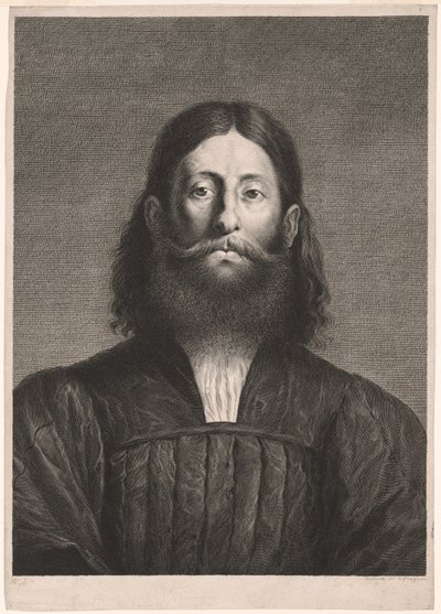 Porträtt av en skäggig man (så kallat Giorgiones porträtt), från Cabinet Reynst; Variarum imaginum a celeberrimis artificibus pictarum Caelaturae (Cabinet Reynst: Gravyrer av olika bilder målade av berömda konstnärer) av Cornelis van Dalen II