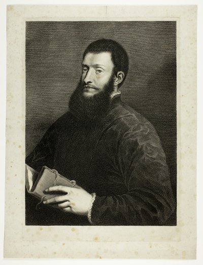 Porträtt av poeten Pietro Aretino, från Cabinet Reynst; Variarum imaginum a celeberrimis artificibus pictarum Caelaturae (Cabinet Reynst: Gravyrer av olika bilder målade av berömda konstnärer) av Cornelis van Dalen II