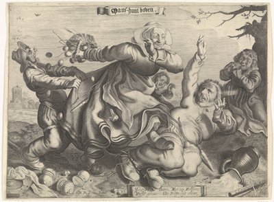 En kvinna som trampar sin man Mans-hant ovan (titel på objekt) av Cornelis van Kittensteyn