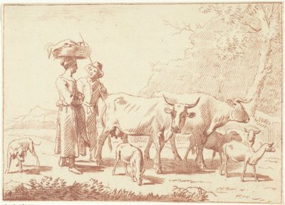 Herde och en kvinna med kor och får av Cornelis van Noorde