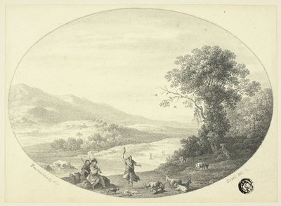 Italienskt landskap med dansare, musiker och getter av Cornelis van Poelenburgh