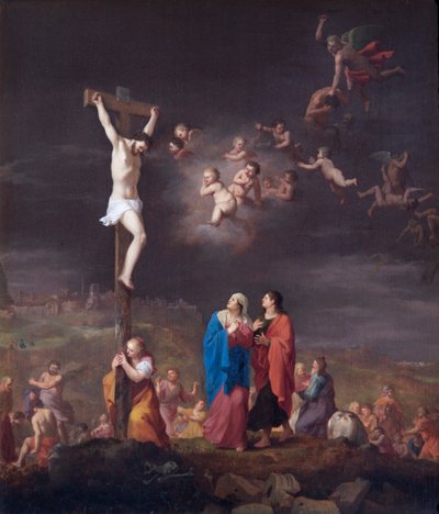 Korsfästelsen, med de rebelliska änglarnas fall (olja på ekpanel) av Cornelis van Poelenburgh or Poelenburch