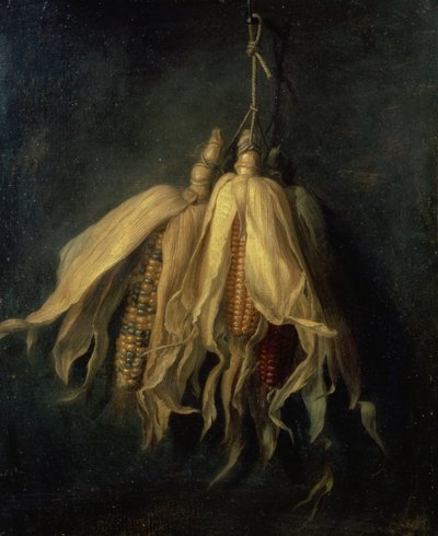 Tre majskolvar som hänger från en spik (olja på duk) av Cornelis van Spaendonck
