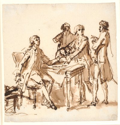 Fyra män runt ett bord diskuterar ett projekt. av Cornelius Høyer
