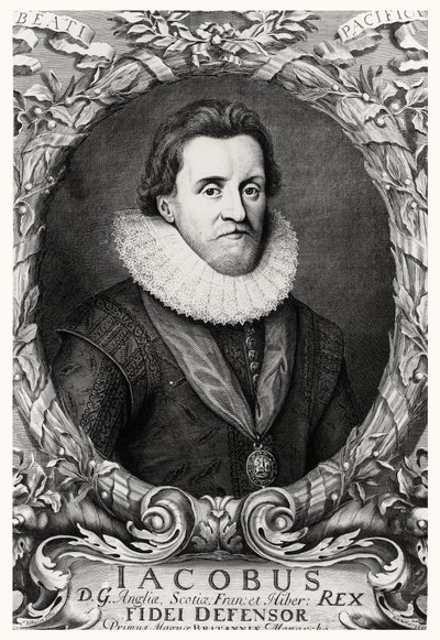 Porträtt av James I, kung av Storbritannien, graverat av R.White, 1669 av Cornelius I after Johnson