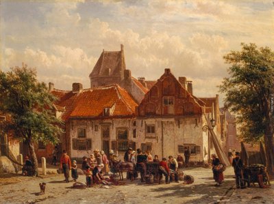 Utsikt över fiskmarknaden, Harderwijck av Cornelius Springer