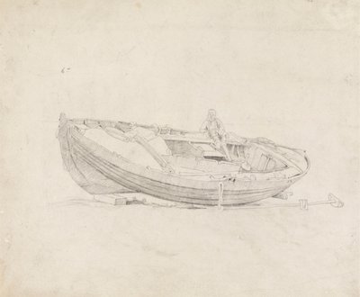 Studie av förtöjd båt med sittande figur av Cornelius Varley
