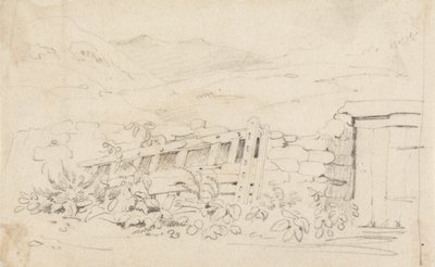 Studie av en stenmur och en port av Cornelius Varley