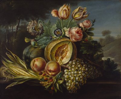 Stilleben med frukt och blommor av Cornelius de Beet