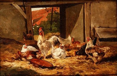 Kycklingar i en lada (en i ett par) av Cornelius van Leeputten