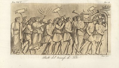 Romerska soldater marscherar i procession med krigsbyte eller spolia på Arch for Titus, triumfbågen som firar kejsar Titus seger över Jerusalem av Corsi Corsi
