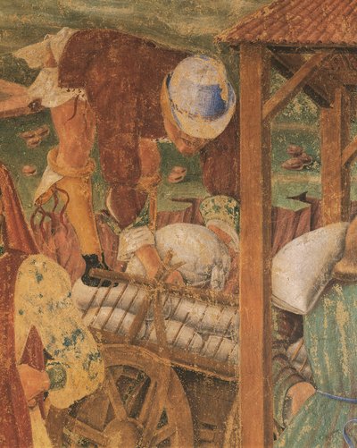 Handlare på jobbet, detalj från Triumph of Ceres, scen från augusti månad, tillskriven Cosimo Tura av Cosimo (attr. to) Tura