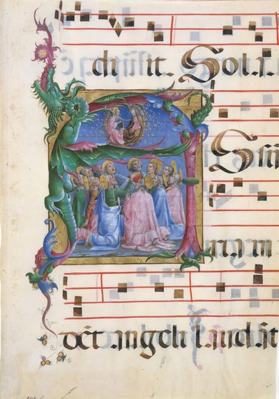 Manuskriptbelysning med jungfruns antagande i en initial A..., 1450-60. av Cosmè Tura