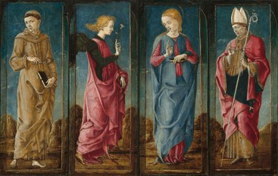 Bebådelsen med Saint Francis och Saint Louis av Toulouse [fyra paneler], ca. 14701480. av Cosmè Tura