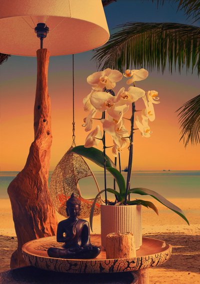 Orkidé, Buddha, strand och solnedgång av CosmoZach
