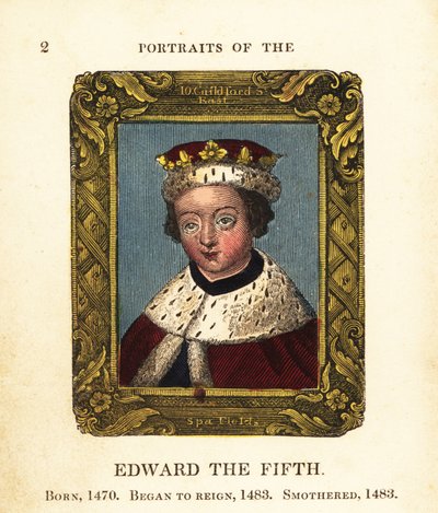 Porträtt av kung Edward den femte, Edward V av England, född 1470, började regeringstiden 1483 och kvävdes 1483 av Cosmo Armstrong