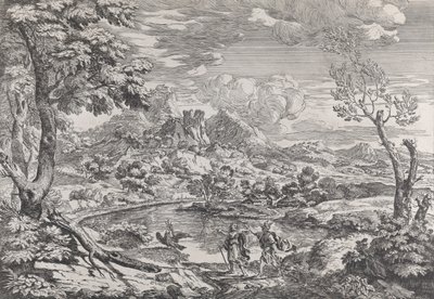 Landskap med en man som visar Merkurius Jupiters örn, ca. 1695-99. av Crescenzio Onofri