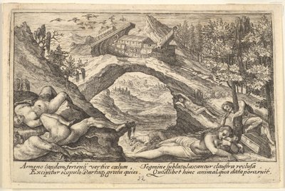 Efterdyningarna av syndafloden: människokroppar strödda på torrt land i förgrunden, Noaks ark hed..., 1612. av Crispijn de Passe I