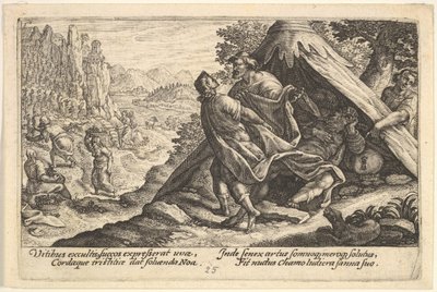 Noas fylleri: Sem och Jafet täcker Noas nakna kropp, som ligger i ett tält, en ..., 1612. av Crispijn de Passe I