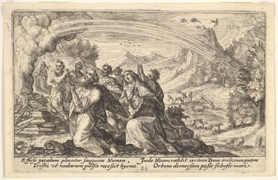Gud ingår ett förbund med Noa: bredvid ett rykande bål knäböjer Noa i en gest av p..., 1612. av Crispijn de Passe I