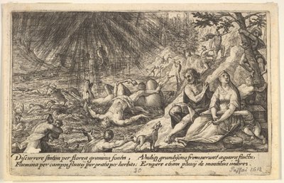 Början av översvämningen: män och kvinnor klättrar till högre mark till höger, vatten passerar..., 1612. av Crispijn de Passe I