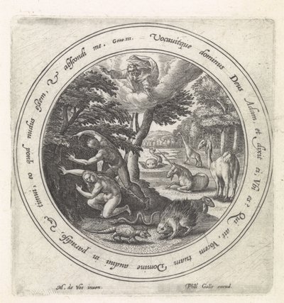 Adam och Eva gömmer sig för Gud Historien om Adam och Eva (serietitel) av Crispijn van de Passe (I)