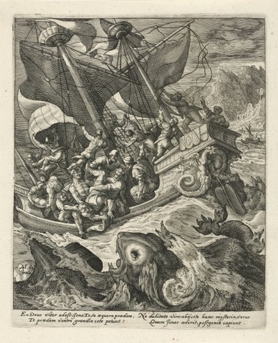 Jonah kastas överbord av sjömännen History of Jonah (serietitel) av Crispijn van de Passe (I)