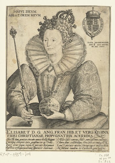 Porträtt av Elizabeth I Tudor, ten halfen lijve Posvi Devm Aiut Orem Mevm (titel på objekt) av Crispijn van de Passe (I)
