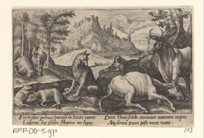 Psamathe förvandlar vargen till marmor Ovidius metamorfoser (serietitel) av Crispijn van de Passe (I)