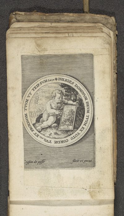 Putto med tablett Putti föreställer Guds ord (serietitel) Verbum Dei (serietitel) av Crispijn van de Passe (I)