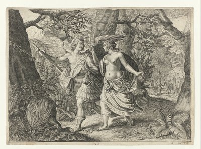 Circe förvandlar Picus till en hackspett Ovidius metamorfoser (serietitel) av Crispijn van de Passe (II) (after)