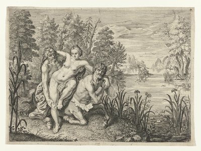 Nessus tar Deianira över floden Dianier of Nessus utspelar sig tvärs över strömmen (titel på objekt) Metamorphoses of Ovid (serietitel) av Crispijn van de Passe (II) (possibly)
