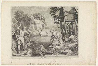 Leto (Latona) förvandlar lykierna till grodor Ovidius metamorfoser (serietitel) av Crispijn van de Passe (II)