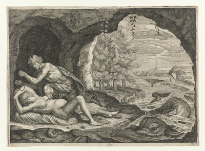 Peleus förföljer den sovande Thetis Ovidius metamorfoser (serietitel) av Crispijn van de Passe (II)