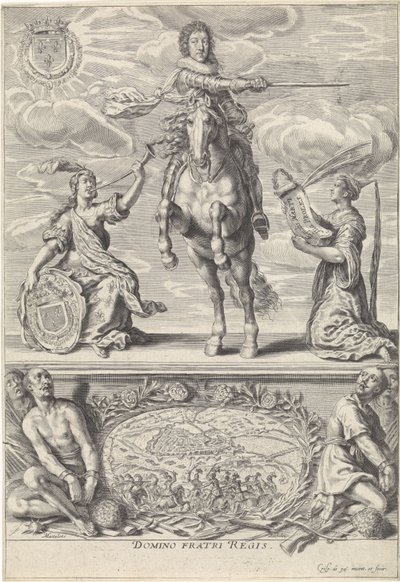 Porträtt av Gaston Jean-Baptiste av Orléans, till häst Domino Fratri Regis. (titel på objekt) av Crispijn van de Passe (II)