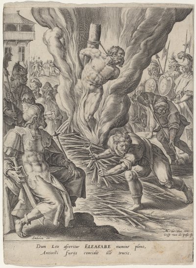 Eleasar brändes av Antiochus av Crispijn van de Passe I after Maarten de Vos
