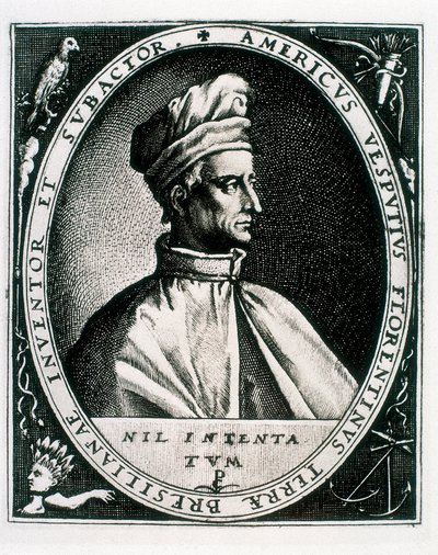 Porträtt av Amerigo Vespucci, inskriptionen "Americus Vesputius Florentinus Land of Bresilian Inventor Subactor" (gravyr) av Crispin I de (after) Passe