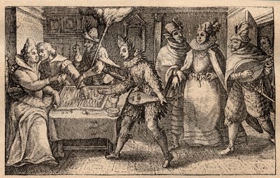 En backgammonfest med promenerande spelare - holländsk kopparplåtgravyr; från en uppsättning tryck, Hortus Voluptatem, av Crispin de Passe (1550-1643) - Ett par som spelar backgammon överraskade av fem män masker gravyr av Crispin de Passe l