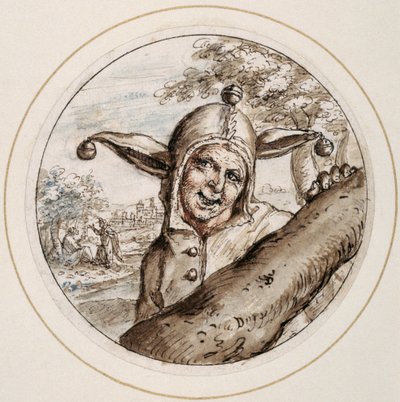 Dåre med mössa och klockor, tidigt 1600-tal (penna & brunt bläck med bruna, gråa & rosa tvättar) av Crispin I de Passe