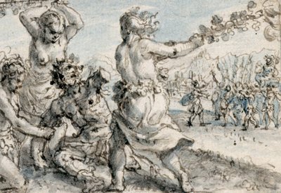 Maenads som slår Pentheus, tidigt 1600-tal (penna & brunt bläck med bruna, blå & grå tvättar) av Crispin I de Passe