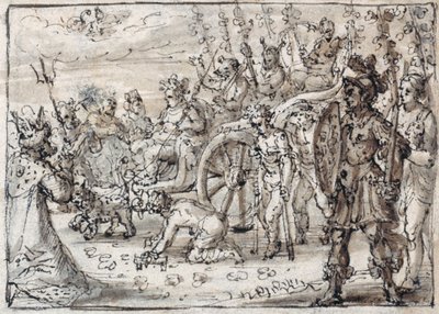 Den indiska Bacchus triumferande intåg i Thebe (penna & brunt bläck med brun tvätt på papper) av Crispin I de Passe