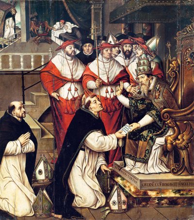 Honorius III (Cencio Savelli, påve från 1216 till 1227) som bekräftar Saint Dominic Order. Målning av Cristobal Llorens (cirka 1550-1616) av Cristobal Llorens