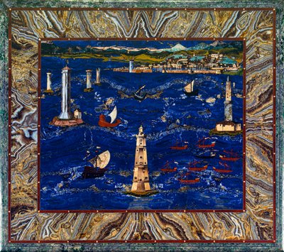 Bord med avbildning av Livornos hamn, ca 1601-04 (ädelstenar, trä, emalj) av Cristofano & Ligozzi Jacopo (1547 1626) Gaffurri