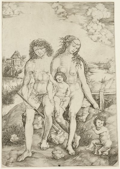 Adam och Eva med spädbarnen Kain och Abel av Cristofano Robetta