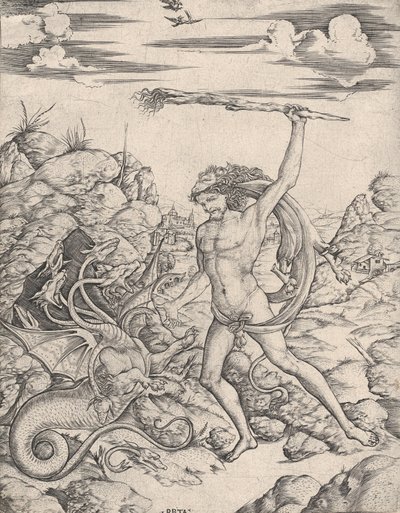 Hercules and the Hydra, med en fackla attackerar han den bevingade, flerhövdade Hydr..., ca. 1500-1520. av Cristofano di Michele Martini