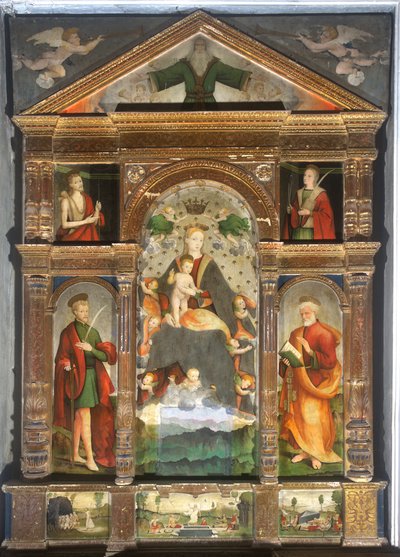 Krönt madonna med barn och änglar, Sankt Paulus, Sankt Petrus av Cristoforo (fl.1525 1578) & Pancalino Raffaele (fl.1514 1573) Pancalino